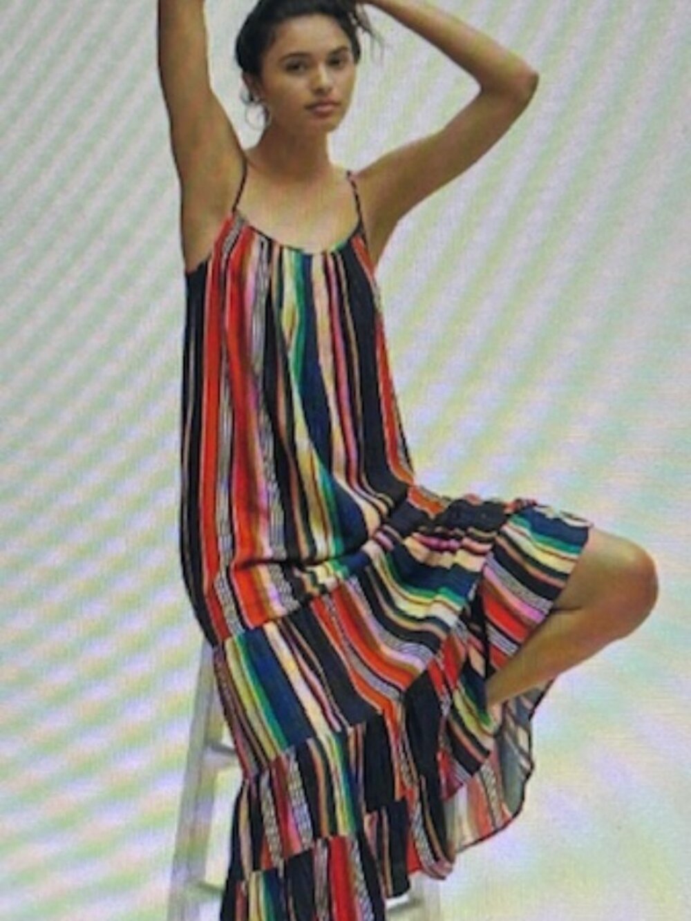 Farm Rio x Anthropologie Rainbow Shimmer Tier Tie Lined  Straps Maxi Dress